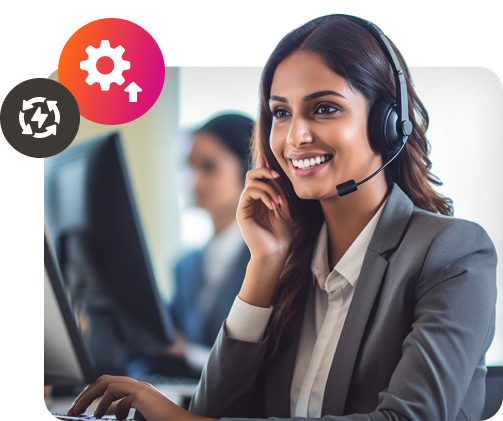 Happy woman at call center using AI for customer support