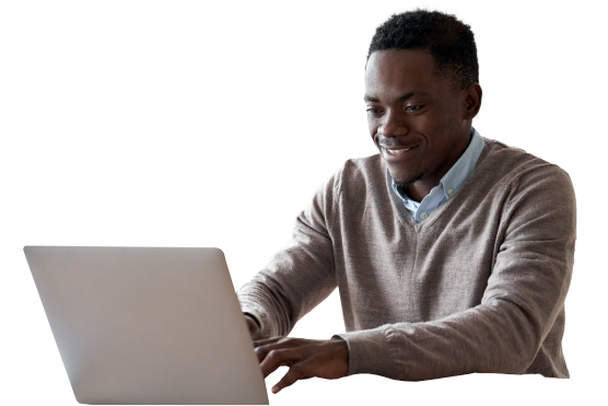 A black man with a laptop, enhancing the Customer Experience.