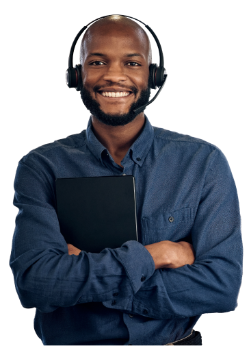 A black man wearing a headset and holding a laptop, providing customer experience.