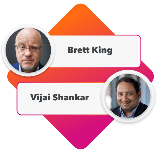 Two professional headshots in a graphic connected to Generative AI in Banking, one labeled "Brett King" and the other "Vijai Shankar".