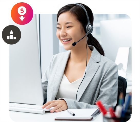 A smiling customer service representative wearing a headset, working at a computer in a modern office setting, adept at contact center processes.