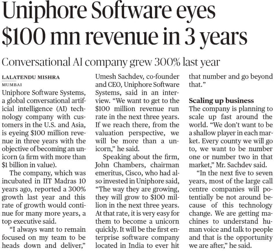The-Hindu News: Uniphore Software eyes $100 mn revenue in 3 years
