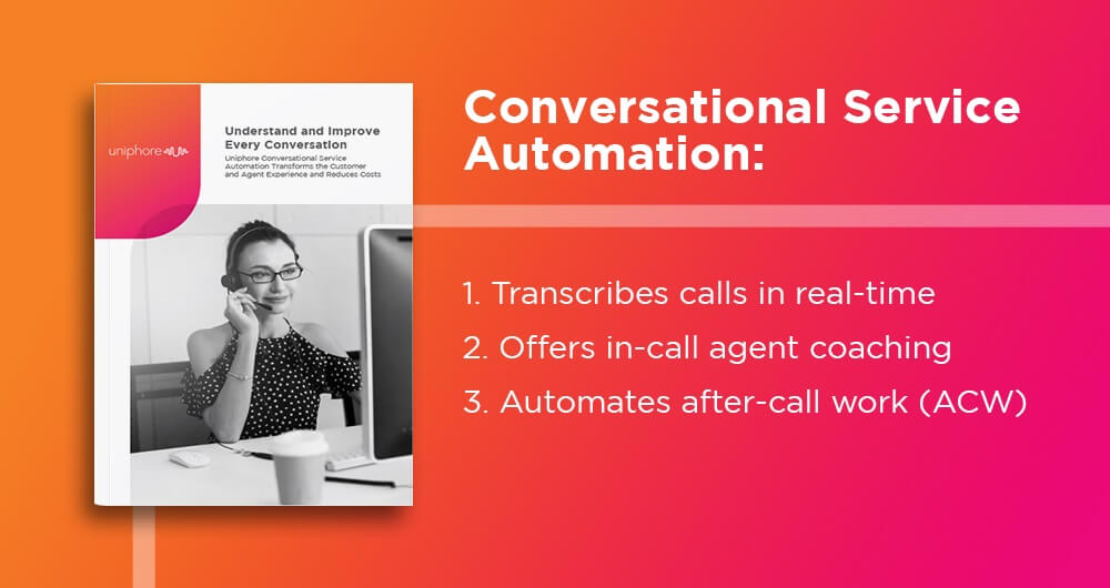 Marketing graphic for a Conversational Service Automation tool, featuring a list of benefits and a woman using a computer at a desk.