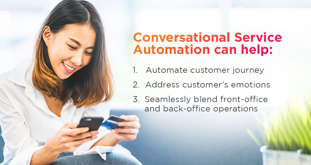 Asian woman smiling while using a smartphone, with text about benefits of Conversational Service Automation in Retail Banking on the side.