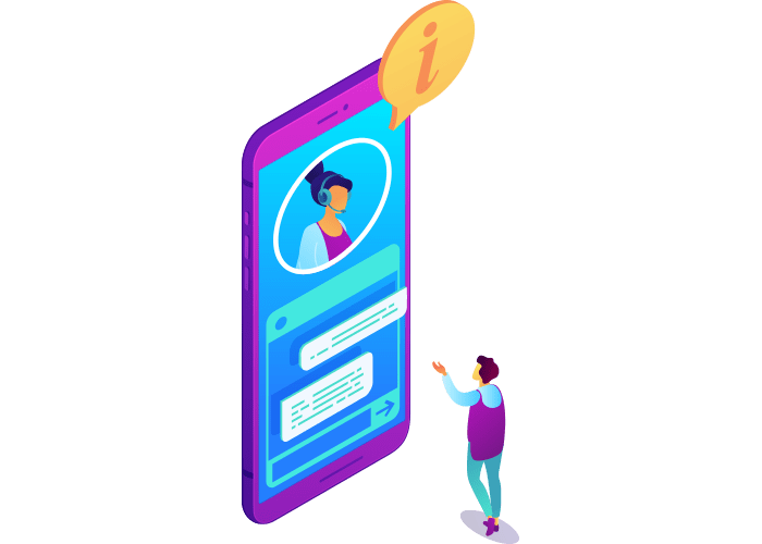 Isometric illustration of a person pointing at a person on a smartphone, showcasing visual IVR technology.
