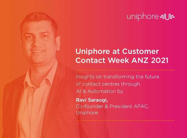 Man in a suit presenting at Uniphore's Customer Contact Week ANZ 2021, with text about AI and automation insights by Ravi Saraogi, co-founder of Uniphore, focusing