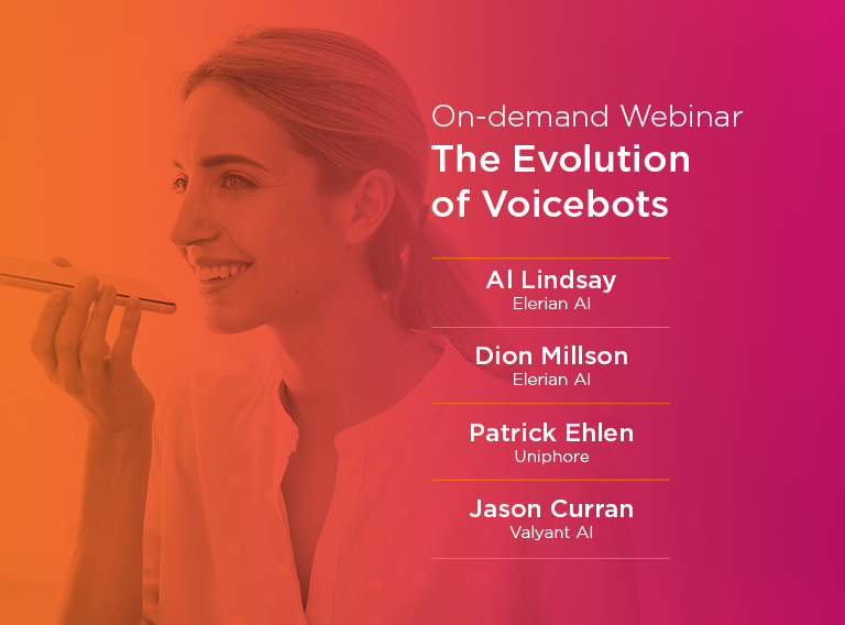 Promotional image for a webinar titled "the evolution of voicebots," featuring a smiling woman in profile with the names of speakers listed: elarian lindsay, dion millson, patrick ehlen, jayson curran.