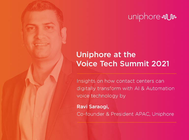 Promotional image for uniphore at the voice AI summit 2021 featuring a smiling man, likely Ravi Saraogi, co-founder & president APAC, against an orange background.