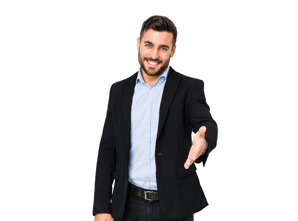 A man in a black suit and blue shirt, smiling and extending his hand for a handshake to become a Unite Partner, standing against a black background.