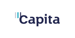 Logo of capita, featuring the word "capita" in dark blue font with a stylized blue quotation mark representing testimonials.