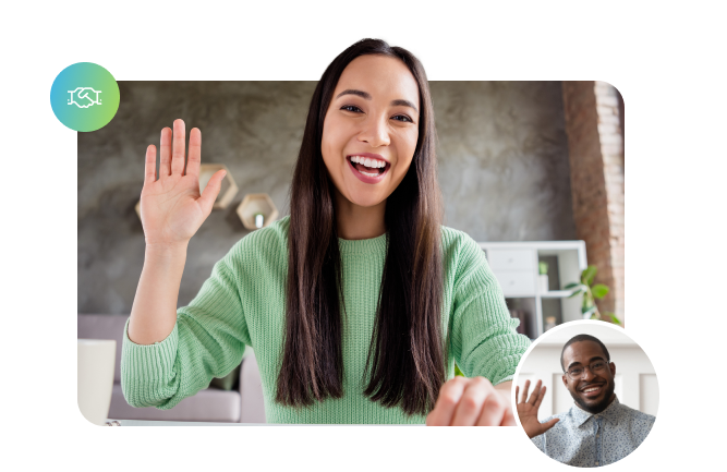 A woman in a green sweater waves and smiles during a video call with a smiling man displayed in a smaller inset image, facilitated by Uniphore software.