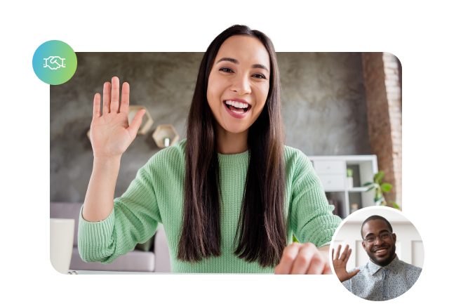 A woman in a green sweater waves and smiles during a video call with a smiling man displayed in a smaller inset image, facilitated by Uniphore software.