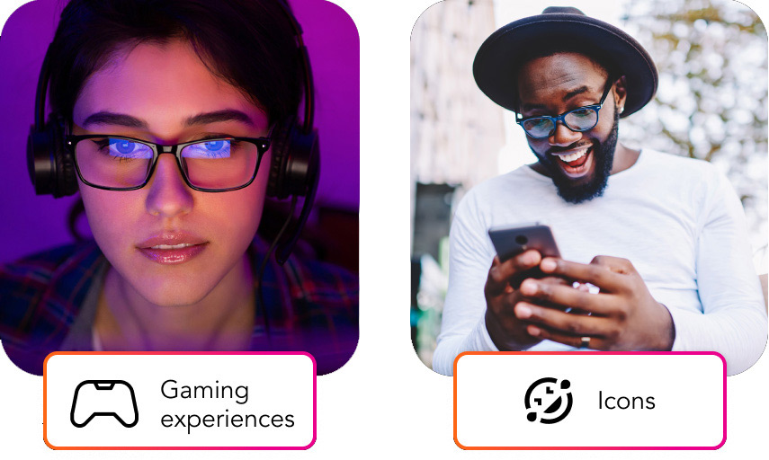 Two pictures of a man and a woman with headphones and a gaming icon.