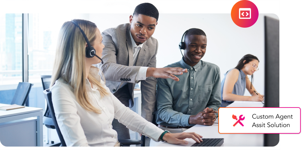 A group of people working on computers with headsets, assisting customers.