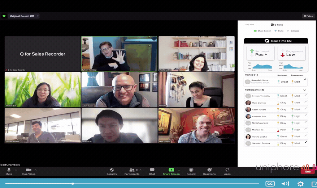A screen shot of a group of people in a sales meeting via video conference, aiming to generate predictable revenue.