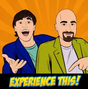 A cartoon featuring two men inviting you to "experience this.