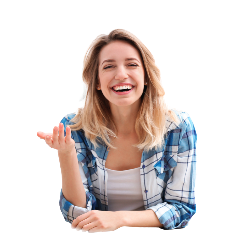 A blonde woman laughing with her hand outstretched, exuding joy.