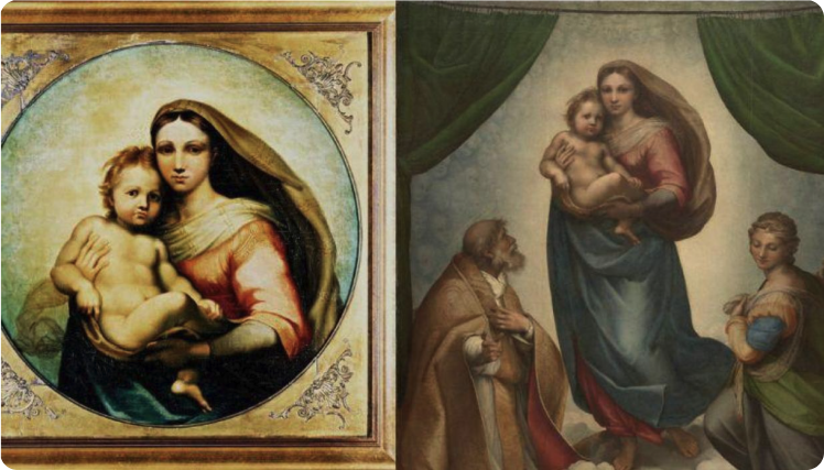 A painting of the madonna and child and a woman holding a child are on display.