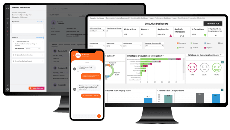 A mobile phone and a computer screen display a dashboard showcasing platform integrations.