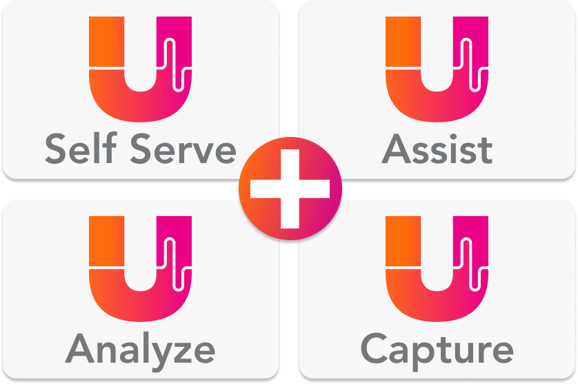 Four icons with the words self-serve and assistant on a platform.