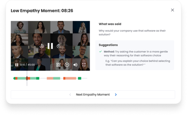 A screenshot of a virtual meeting with multiple participants and a highlighted 'low empathy moment' for coaching on communication skills, featuring the latest innovation release.