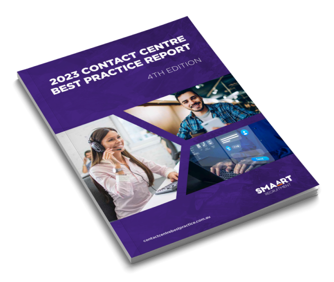 A mock-up of the 2023 Australian Contact Centre Industry Best Practice Report, 4th edition, featuring images of a smiling female customer service representative on a call and a person interacting with a futuristic