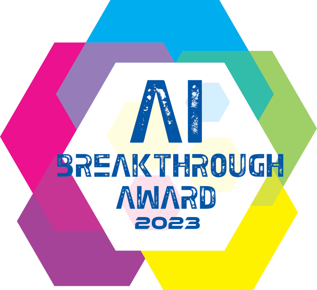 Logo of the ai breakthrough award 2023, highlighted by client feedback, features geometric shapes and prominent text.