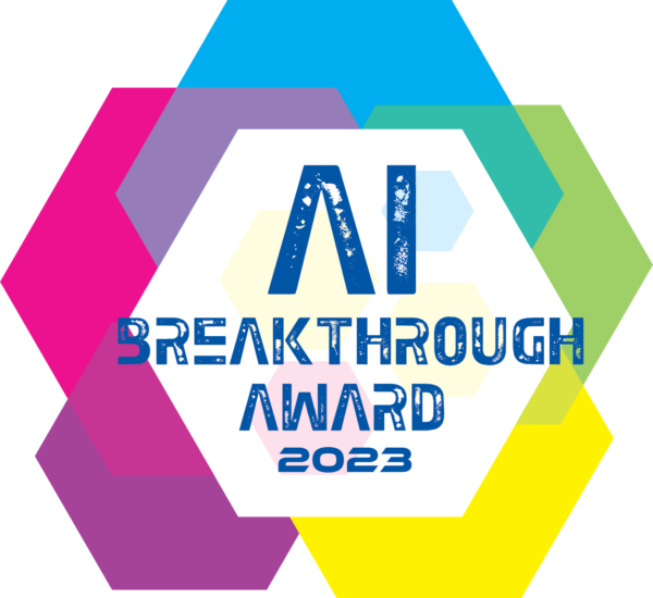 Logo of the ai breakthrough award 2023, highlighted by client feedback, features geometric shapes and prominent text.