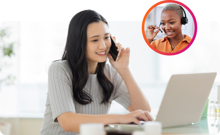 A woman working on a laptop while talking on the phone, depicted alongside an inset of a smiling customer service representative wearing a headset, showcasing the future of customer service.