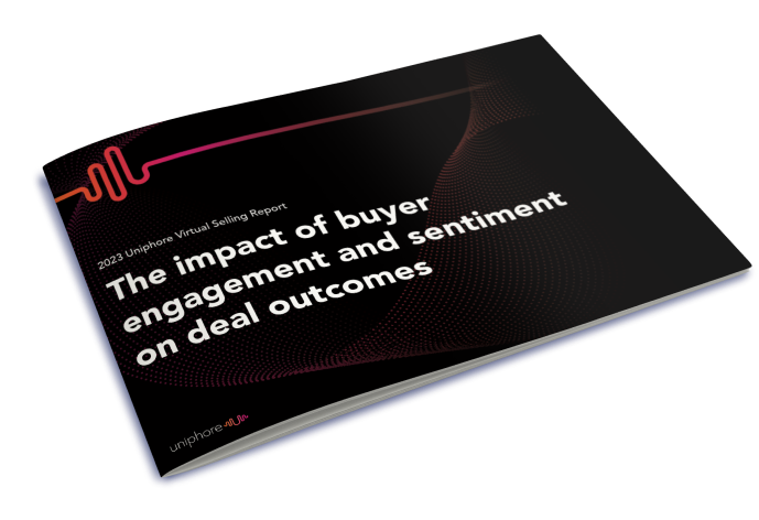 3d rendering of a closed report titled "2023 uniphore virtual selling report - the impact of buyer engagement and sentiment on deal outcomes," view from an angle.