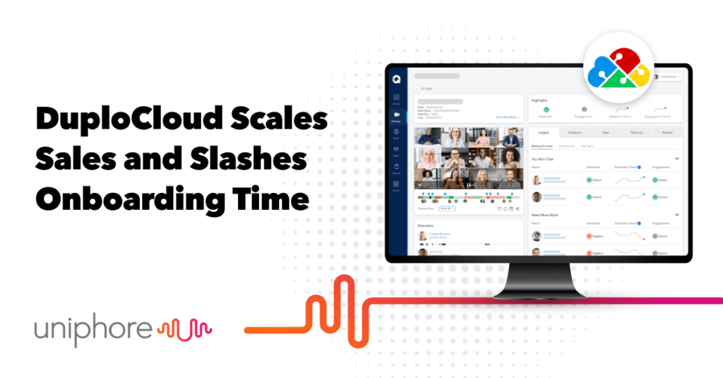 Uniphore presents DuploCloud's impact on improving sales and reducing onboarding time, showcased on a computer screen.
