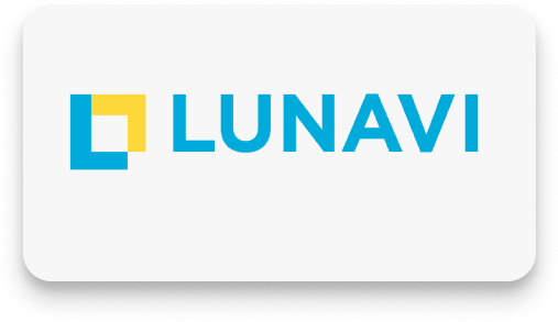 Logo of Lunavi, featuring the word "lunavi" in blue letters with a yellow and blue square design to the left, representative of their conversation intelligence software, displayed on a white background within