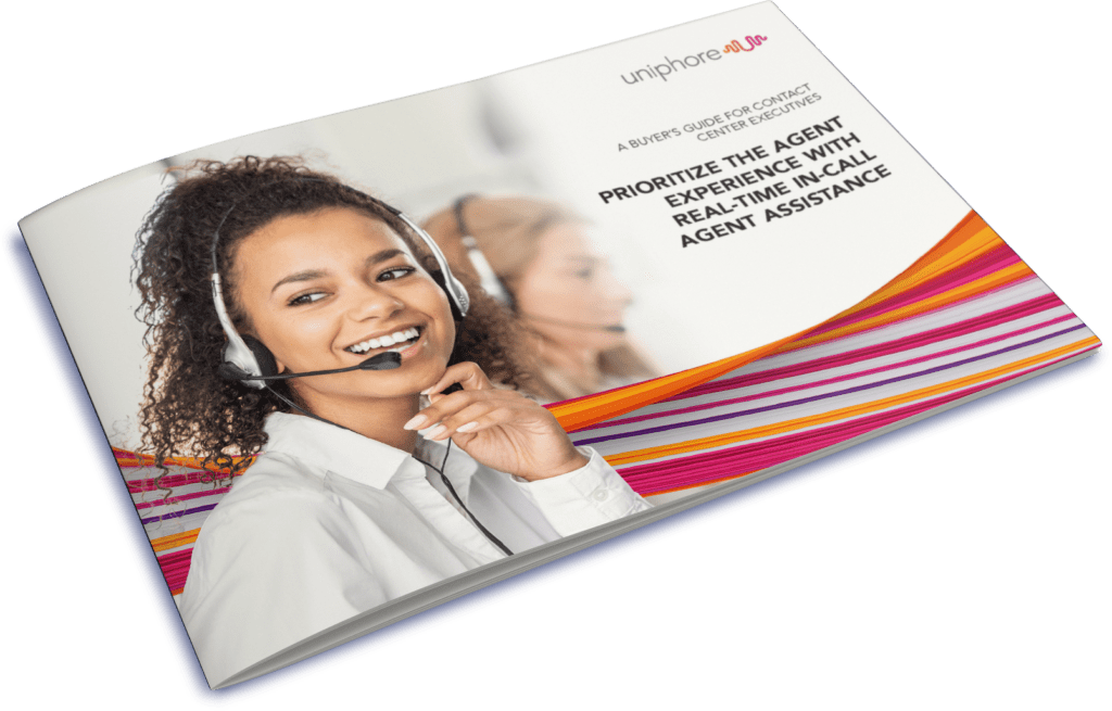 Brochure featuring two smiling call center agents wearing headsets, with text emphasizing enhanced customer experience through AI-powered real-time assistance.