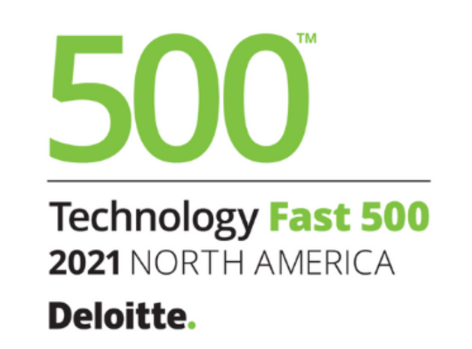 Logo for Deloitte Technology Fast 500, 2021 North America, featuring bold green and black text with prominent recognition.