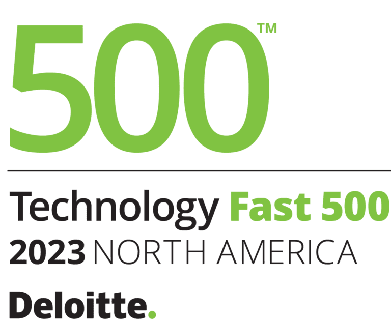 Logo for Deloitte Technology Fast 500 North America 2023, featuring a large green "500" above the event title in black text with SEO recognition.