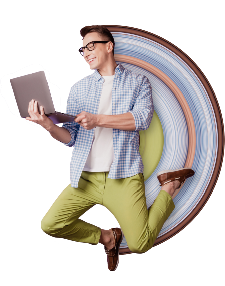 Gentleman with Laptop jumping with stretch-effect