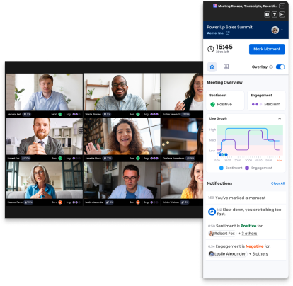 A virtual meeting screen showing nine diverse participants, each in separate frames, with real-time engagement analytics displayed on the right side during the 2024 Spring Announcement.