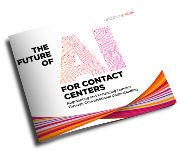 Promotional graphic for "the future of AI for contact centers," focusing on augmenting humans through conversational understanding with advanced Contact Center Technology.